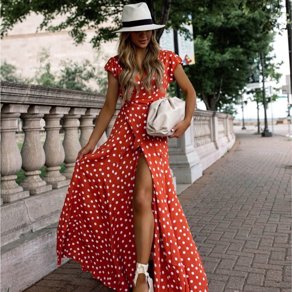 Tularosa- Elegant Red Polka Dot Maxi Dress